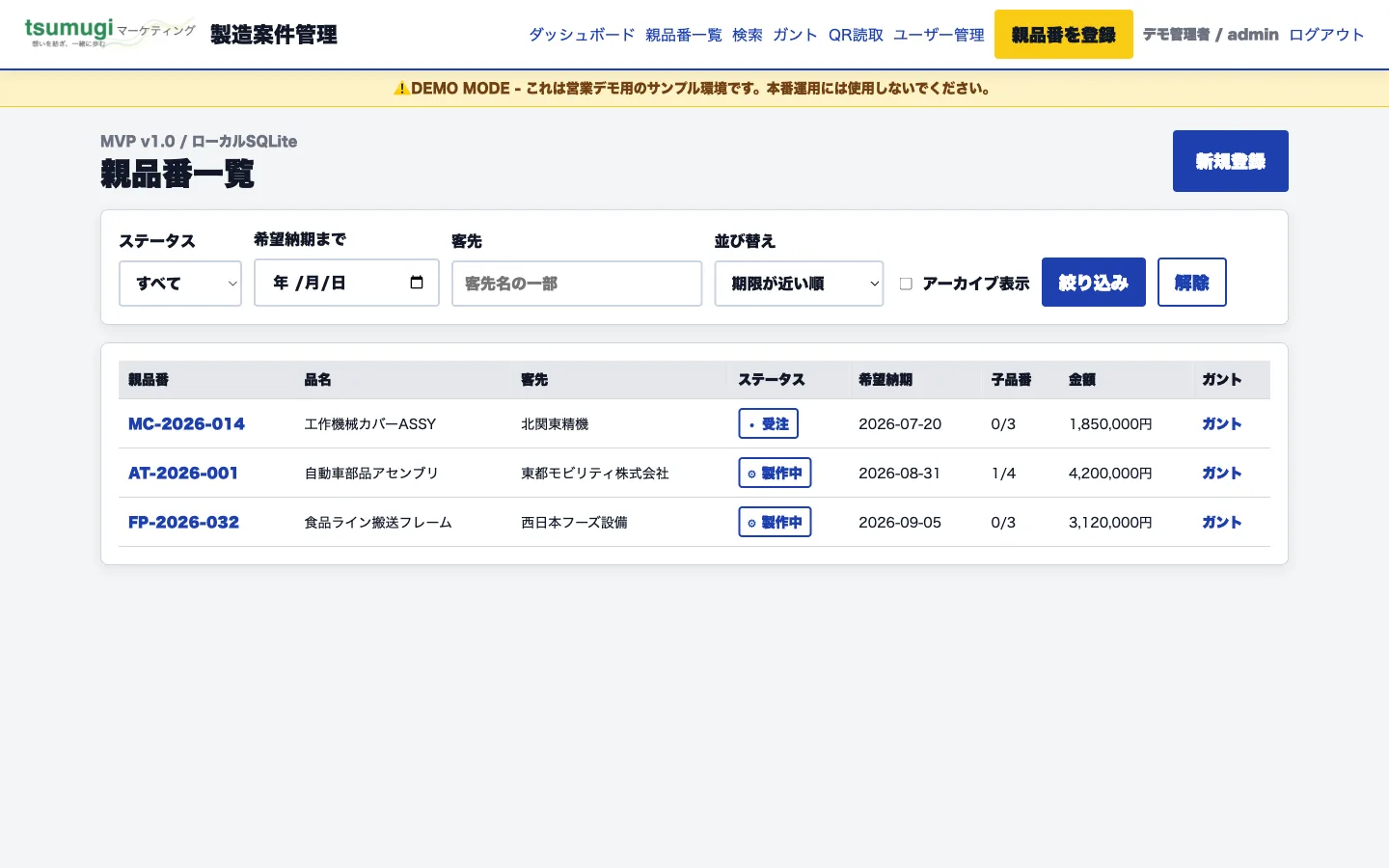 親品番一覧画面